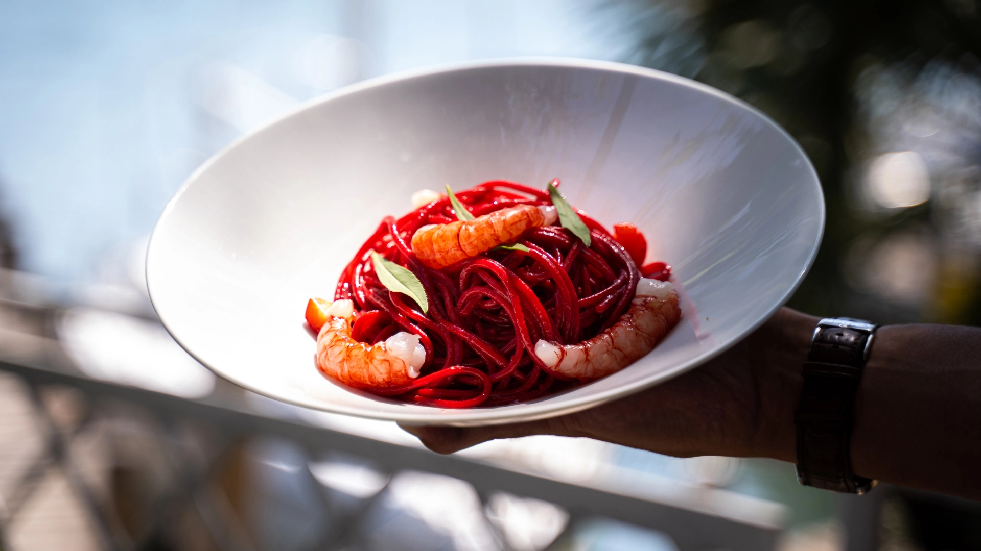 Diportista restaurant - Gragnano vermicelli with Mazara del Vallo’s raw red shrimp, Red Martini, Tarragon, strawberry water